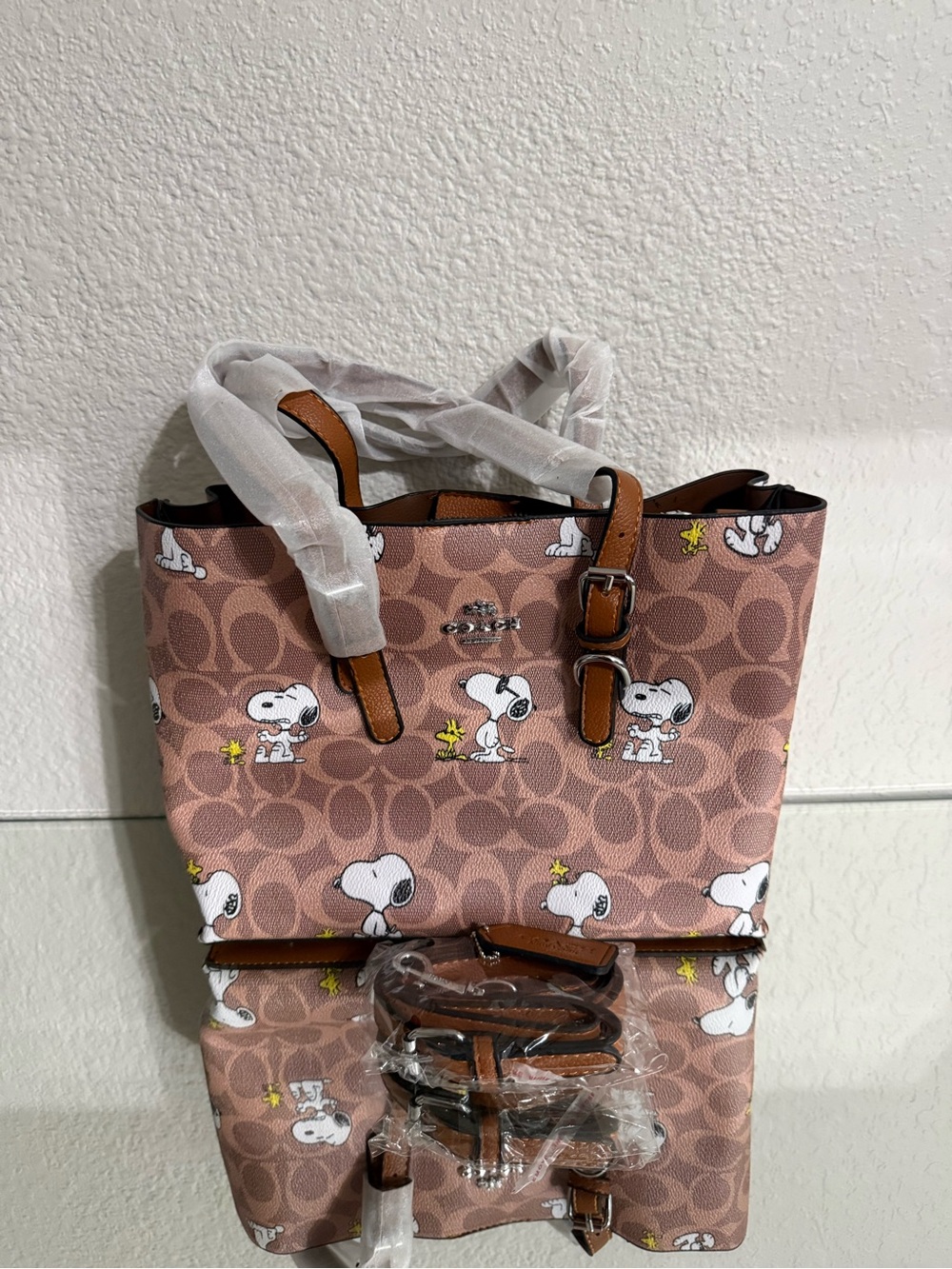 Coach Pink Snoopy Signature Tote with Tan Trim New